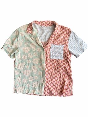 Cotton On Patchwork Button Up Shirt Retro Floral Shirt Coastal Abstract Art Top